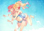  aikatsu!_(series) aikatsu_stars! bikini blonde_hair blue_eyes blue_sky bow breasts casual_one-piece_swimsuit cleavage closed_eyes commentary_request eyelashes gradient_hair hair_bow halterneck hand_up highres hug hug_from_behind jumping katou_akatsuki multicolored_hair multiple_girls navel nijino_yume one-piece_swimsuit one_eye_closed open_mouth outstretched_arms pink_hair sakuraba_rola side-tie_bikini sky smile splashing standing striped swimsuit vertical-striped_bikini vertical_stripes 