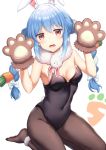  1girl animal_ear_fluff animal_ears bangs bare_shoulders black_leotard blue_hair blush bow braid breasts brown_gloves brown_legwear bunny_ears carrot_hair_ornament commentary_request covered_navel eyebrows_visible_through_hair food_themed_hair_ornament gloves hair_between_eyes hair_bow hair_ornament hands_up highres hololive leotard long_hair looking_at_viewer miya_(tokumei) multicolored_hair no_shoes open_mouth pantyhose paw_gloves paws red_eyes seiza short_eyebrows sidelocks sitting small_breasts solo strapless strapless_leotard thick_eyebrows twin_braids twintails two-tone_hair usada_pekora very_long_hair virtual_youtuber white_background white_bow white_hair 