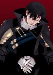  1boy black_hair cape fire_emblem fire_emblem:_three_houses gloves hair_over_one_eye highres hubert_von_vestra natsukij_s red_background solo yellow_eyes 