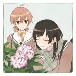  2girls ahoge closed_eyes flower hydrangea koito_yuu light_smile looking_at_another multiple_girls nakatani_nio nanami_touko scarf school_uniform smelling_flower yagate_kimi_ni_naru 