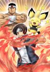  2boys armband brown_hair cosplay crossed_arms daimon_gorou fingerless_gloves fire gloves headband highres kicdon kusanagi_kyou multiple_boys nikaidou_benimaru nikaidou_benimaru_(cosplay) pichu pokemon school_uniform the_king_of_fighters 