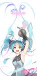 1girl 39 :d absurdres antenna_hair arm_tattoo arm_up armpits artist_name bangs bare_shoulders black_sleeves blue_neckwear blush breasts character_name collared_shirt commentary dated detached_sleeves eyebrows_visible_through_hair grey_shirt happy_birthday hatsune_miku headset highres holding holding_megaphone long_hair long_sleeves looking_at_viewer medium_breasts megaphone necktie open_mouth parted_bangs round_teeth shirt sideboob silver_eyes simple_background smile solo soyoong_jun tattoo teeth twintails upper_body upper_teeth very_long_hair vocaloid white_background 