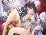  1girl akatsuki_hijiri bangs bare_shoulders black_hair blush breasts cleavage couch dress earrings fate/grand_order fate_(series) feather_boa high_heels hoop_earrings ishtar_(fate)_(all) ishtar_(fate/grand_order) jewelry knee_up legs long_hair looking_at_viewer medium_breasts open_mouth parted_bangs parted_lips pearl_(gemstone) pelvic_curtain red_eyes saint_quartz sash sitting smile snowflake_print solo thighlet tiara two_side_up white_dress yellow_footwear 