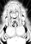  1boy 1girl bangs blush breast_squeeze breasts breasts_outside brooch cum cum_on_body cum_on_breasts cum_on_upper_body ejaculation elf eyebrows_visible_through_hair facial hetero highres jewelry large_breasts long_hair maid maid_headdress monochrome nipples one_eye_closed original paizuri parted_lips pointy_ears projectile_cum shibi solo_focus 