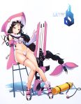  1girl bikini bikini_bottom black_hair bow braid dreamer_(girls_frontline) girls_frontline gloves grin gun highleg highleg_bikini hinawii hip_bones long_hair looking_at_viewer navel oxygen_tank pink_bow sangvis_ferri shark_costume smile solo stool swimsuit weapon white_background yellow_eyes 