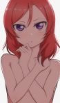  1girl :o absurdres blush eyebrows_visible_through_hair grey_background hands_up highres love_live! love_live!_school_idol_project nishikino_maki nude purple_eyes red_hair short_hair simple_background solo upper_body wewe 