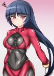  1girl bodysuit breasts closed_mouth highres large_breasts long_hair looking_at_viewer natsume_(pokemon) simple_background skin_tight solo sumida_kichi 