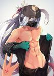  1boy abs animal asclepius_(fate/grand_order) bangs bare_chest bare_shoulders black_headwear black_jacket chest collarbone colored_eyelashes command_spell commentary_request crossed_bangs fate/grand_order fate_(series) green_eyes grey_background hair_between_eyes highres jacket long_hair looking_at_viewer male_focus navel off_shoulder open_clothes open_jacket out_of_frame respirator ruri_rarako silver_hair snake solo_focus very_long_hair white_snake 