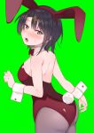  1girl absurdres animal_ears ass back bangs bare_shoulders black_hair blue_eyes blush bow bowtie breasts bunny_ears bunny_tail bunnysuit cowboy_shot detached_collar fake_animal_ears from_behind green_background highres hololive leotard looking_at_viewer looking_back medium_breasts oozora_subaru open_mouth pantyhose red_leotard short_hair simple_background solo sweat tail tonari_no_kai_keruberosu virtual_youtuber wrist_cuffs 