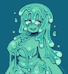  1girl artist_name blue_background blush breasts green_eyes green_hair ishuzoku_reviewers lady_beemer large_breasts long_hair looking_at_viewer lymee monster_girl open_mouth plump simple_background slime slime_girl smile solo 