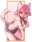  1girl absurdres animal_ears bangs bow bowtie breasts covering covering_breasts fang ha_kang highres midriff murenase!_shiiton_gakuen navel okami_ranka open_mouth pink_hair skirt small_breasts solo sweater tail thighs wolf_ears wolf_tail 