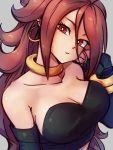  1girl android_21 bare_shoulders breasts choker cleavage collarbone cosplay dragon_ball dragon_ball_fighterz earrings grey_background hand_up hoop_earrings jewelry kemachiku large_breasts long_hair looking_at_viewer majin_android_21 majin_android_21_(cosplay) red_eyes red_hair simple_background solo upper_body 