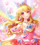  1girl aikatsu!_(series) aikatsu_on_parade! bangs bare_shoulders blonde_hair bubble closed_mouth collarbone commentary_request dress earrings eyebrows_visible_through_hair glint hair_between_eyes hair_ornament hoshimiya_ichigo jewelry long_hair looking_at_viewer matsurika_youko pink_dress red_eyes smile solo upper_body very_long_hair 