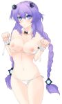  1girl archived_source areolae ass_visible_through_thighs blue_eyes blush bow bowtie bra bra_pull bra_removed bracelet braid breasts choujigen_game_neptune cleavage collar collarbone curvy eyebrows_visible_through_hair facing_viewer groin hair_between_eyes hair_ornament highres jewelry long_hair looking_at_viewer medium_breasts navel neptune_(series) nipples panties parted_lips purple_hair purple_heart solo thighs transparent_background tridisart underwear very_long_hair white_bra white_panties wide_hips 