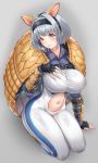  1girl absurdres armadillo_ears bangs blush bodysuit breasts chest_strap fingerless_gloves gloves hairband highres large_breasts last_origin looking_at_viewer navel navel_cutout saetti short_hair silver_hair sodmango solo tears 
