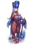  1girl :o absurdres blue_hair bodysuit breasts cameltoe commentary_request dragon_quest dragon_quest_iii flower highres huge_breasts long_hair looking_at_viewer mace mitre mogudan parted_lips priest_(dq3) puffy_nipples red_eyes simple_background slime_(dragon_quest) thick_thighs thighs very_long_hair weapon white_background 