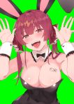  1girl absurdres animal_ears bangs bare_shoulders black_leotard blush bow bowtie breast_tattoo breasts bunny_ears bunny_pose bunnysuit cleavage collarbone covered_navel detached_collar fake_animal_ears green_background heterochromia highres hololive houshou_marine large_breasts leotard long_hair looking_at_viewer open_mouth red_eyes red_hair simple_background smile solo tattoo tonari_no_kai_keruberosu twintails upper_body virtual_youtuber wrist_cuffs yellow_eyes 