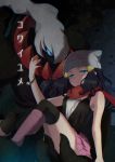  1girl beanie blue_eyes blue_hair breasts cover cover_page darkrai doujin_cover dress hair_ornament hat long_hair looking_at_viewer mokorei platinum_berlitz pokemon pokemon_(creature) pokemon_special scarf simple_background skirt thighhighs 