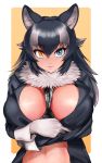  1girl animal_ears areolae between_breasts black_hair blue_eyes breasts closed_mouth commentary_request eyebrows_visible_through_hair fur_trim gloves grey_wolf_(kemono_friends) hair_between_eyes heterochromia kemono_friends large_breasts lips long_hair looking_at_viewer multicolored_hair navel orange_eyes rayraw solo two-tone_hair white_gloves white_hair 