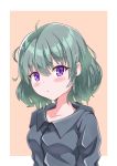  1girl absurdres blue_jacket blush bob_cut closed_mouth collared_jacket green_hair highres jacket original purple_eyes short_hair solo tagme zildjian33 