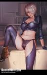  angel_(kof) banned_artist black_gloves black_legwear blue_eyes boots bra breasts cameltoe chaps cleavage collarbone cowboy_boots cropped_jacket gloves hair_over_one_eye highres jacket large_breasts leather leather_jacket leg_up letterboxed lips looking_at_viewer midriff navel panties purple_bra purple_panties short_hair silver_hair skindentation sleeves_pushed_up smile strapless strapless_bra the_king_of_fighters underwear watermark web_address yinan_cui 