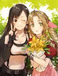  2girls aerith_gainsborough ahoge arm_around_waist black_hair bouquet bow bracelet breasts brown_eyes brown_hair cleavage cropped_jacket elbow_gloves eyebrows_visible_through_hair final_fantasy final_fantasy_vii final_fantasy_vii_remake fingerless_gloves flower gloves green_eyes hair_bow highres jacket jewelry looking_at_viewer multiple_girls red_jacket smile suspenders tank_top tifa_lockhart v yunomt 