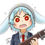  1girl animal_ears avatar_icon bunny_ears chamaji collared_shirt commentary eyebrows_visible_through_hair gun hat holding holding_gun holding_weapon jacket looking_at_viewer lowres moon_print necktie open_mouth purple_hair red_eyes red_neckwear reisen rifle shirt short_hair signature solo sweatdrop touhou weapon white_background 