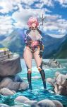  1girl absurdres antennae baby blue_sky box breasts cloud death_stranding highres jumpsuit lake large_breasts leotard mountain mountainous_horizon parted_lips partially_submerged pink_eyes pink_hair rock see-through short_hair sky thighs water weiyou_xie wet 