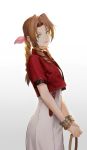  1girl aerith_gainsborough choker cowboy_shot cropped_jacket czcz12321 dress drill_hair expressionless final_fantasy final_fantasy_vii green_eyes hair_ribbon highres holding jacket lips looking_at_viewer ponytail red_jacket ribbon simple_background solo white_background 