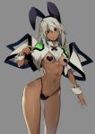  10mo 1girl animal_ears brown_eyes bunny_ears cuffs dark_skin eyebrows_visible_through_hair guilty_gear guilty_gear_xrd heart_pasties highres inverted_costume looking_at_viewer pasties ramlethal_valentine reverse_bunnysuit silver_hair simple_background solo underwear 
