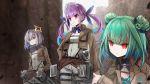  3girls amane_kanata drill_hair green_hair hair_ornament highres hololive long_hair minato_aqua multiple_girls parody purple_eyes red_eyes ribbon shingeki_no_kyojin short_hair silver_hair smile twin_drills uruha_rushia virtual_youtuber 