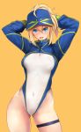  1girl ahoge arms_behind_head arms_up artoria_pendragon_(all) bangs baseball_cap blonde_hair blue_eyes blue_headwear blue_jacket blue_swimsuit breasts covered_navel cropped_jacket fate/grand_order fate_(series) hair_between_eyes hair_through_headwear hat highleg highleg_swimsuit highres jacket long_hair long_sleeves looking_at_viewer medium_breasts mysterious_heroine_xx_(foreigner) one-piece_swimsuit open_mouth ponytail shrug_(clothing) sidelocks simple_background smile solo swimsuit thigh_strap thighs two-tone_swimsuit untsue white_swimsuit yellow_background zipper_pull_tab 