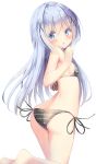  1girl :o ass bangs bare_arms bare_legs bare_shoulders barefoot bikini blue_eyes blue_hair blush breasts commentary_request eyebrows_visible_through_hair feet_out_of_frame gochuumon_wa_usagi_desu_ka? hair_between_eyes highres kafuu_chino kneeling long_hair looking_at_viewer looking_back na!?_(naxtuyasai) parted_lips side-tie_bikini simple_background small_breasts soles solo striped striped_bikini swimsuit twisted_torso very_long_hair white_background 