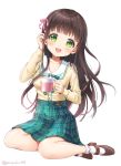  1girl artist_name blush breasts brown_footwear brown_hair collarbone cup eyebrows_visible_through_hair full_body gochuumon_wa_usagi_desu_ka? green_eyes green_skirt hair_ribbon high_heels highres holding holding_cup long_hair looking_at_viewer medium_breasts mozukun43 open_mouth pink_ribbon plaid plaid_skirt ribbon skirt smile socks solo twitter_username ujimatsu_chiya white_legwear 