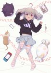  1girl absurdres ahoge black_hoodie blush candy cat cellphone chopsticks commentary_request cushion drawstring eyebrows_visible_through_hair food full_body gen_1_pokemon gengar grey_hair handheld_game_console highres hood hoodie lying makaino_ririmu medium_hair multicolored_hair navel nijisanji nintendo_switch no_shoes noodles on_back open_mouth phone pointy_ears pokemon red_eyes red_hair sabamen skirt sleeves_past_wrists smartphone solo streaked_hair striped striped_legwear stuffed_toy thighhighs twintails virtual_youtuber zettai_ryouiki 