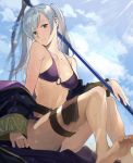  1girl bare_shoulders barefoot bikini blue_sky breasts brown_eyes brown_gloves cleavage cloud day fire_emblem fire_emblem_awakening fire_emblem_heroes gloves highres kyufe long_sleeves looking_at_viewer medium_breasts navel o-ring o-ring_bikini off_shoulder outdoors polearm purple_bikini robe robin_(fire_emblem) robin_(fire_emblem)_(female) sitting sky solo spear sweat sweatdrop swimsuit thigh_strap twintails weapon white_hair 