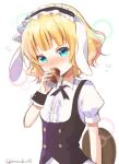  1girl animal_ears artist_name blonde_hair bunny_ears can canned_coffee coffee drunk eyebrows_visible_through_hair fake_animal_ears fleur_de_lapin_uniform gochuumon_wa_usagi_desu_ka? green_eyes holding holding_tray kirima_sharo looking_at_viewer maid_headdress mozukun43 puffy_short_sleeves puffy_sleeves short_hair short_sleeves solo tray twitter_username upper_body wavy_hair wrist_cuffs 