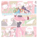  1girl beanie blue_hair blush boots bouquet breasts closed_mouth diamond_(pokemon) dress flower hair_ornament hat highres holding long_hair mokorei multiple_boys open_mouth pearl_(pokemon) pink_footwear platinum_berlitz pokemon pokemon_special scarf skirt smile thighhighs 
