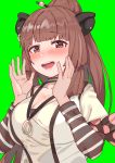  1girl absurdres animal_ears animare blush breasts brown_eyes brown_hair capybara_ears cleavage green_background hair_bun hand_to_own_mouth highres jewelry large_breasts long_hair long_sleeves looking_at_viewer open_mouth ponytail simple_background single_earring smile tonari_no_kai_keruberosu upper_body virtual_youtuber yunohara_izumi 