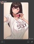  1girl bangs banned_artist black_hair blush breasts clothes_writing commentary condom_wrapper english_commentary fake_screenshot grin kkamja large_breasts nail_polish original red_eyes self_shot smile solo 