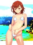  1girl ahoge bikini blush breasts brown_eyes brown_hair covered_nipples hand_in_bikini highres looking_at_viewer micro_bikini misaka_mikoto navel nike_(0306) shiny shiny_hair shiny_skin short_hair side-tie_bikini skindentation small_breasts smile solo swimsuit to_aru_kagaku_no_railgun to_aru_majutsu_no_index white_bikini 