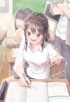  12_graka 2girls :d absurdres bangs black_hair black_pants black_skirt blunt_bangs blurry blurry_background blush book breasts brown_eyes brown_hair chalkboard classroom crossed_arms desk eraser highres medium_breasts multiple_girls open_book open_mouth original pants pencil pencil_case ponytail school_desk school_uniform shirt sitting skirt smile sweatdrop uniform white_shirt writing 