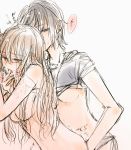  2girls blush finger_in_another&#039;s_mouth from_behind implied_fingering long_hair multiple_girls nude original short_hair simple_background yuri 
