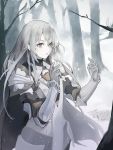  1girl armor bare_tree cape faulds ganida_boushoku gloves grey_hair highres knight long_hair open_mouth original red_eyes shoulder_armor snow snowing solo tree vambraces 
