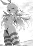  1girl absurdres bikini_bottom blush breasts cloud crop_top crop_top_overhang day elbow_gloves from_below gloves greyscale hair_ribbon highres kantai_collection long_hair looking_at_viewer medium_breasts mole mole_on_breast monochrome neckerchief no_pants outdoors parted_lips ribbon shimakaze_(kantai_collection) shirt sky sleeveless sleeveless_shirt small_breasts solo standing stomach striped striped_legwear thighhighs thong tttanggvl underboob upshirt very_long_hair water 