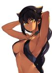 1girl armpits arms_up backlighting black_hair braid breasts cleavage closed_mouth commentary_request dark_skin eyebrows_visible_through_hair glint hair_between_eyes hair_flaps halterneck jahy jahy_sama_wa_kujikenai konbu_wakame long_hair looking_at_viewer medium_breasts navel o-ring o-ring_top official_art revision simple_background smile smirk solo very_long_hair white_background yellow_eyes 