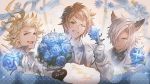  3boys ahoge animal_ears artist_request blonde_hair blue_eyes blue_flower blue_rose bouquet bow bowtie brown_eyes dark_skin dark_skinned_male erune eustace_(granblue_fantasy) flower formal gloves gran_(granblue_fantasy) granblue_fantasy hair_over_one_eye holding holding_flower male_focus multiple_boys official_art one_eye_closed open_mouth rose siete silver_hair smile suit white_day white_gloves white_suit 