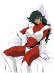  1970s_(style) bed bodysuit breasts commentary_request dark_skin feet_out_of_frame gloves great_mazinger great_mazinger_(robot) green_hair highres honoo_jun large_breasts long_hair multicolored multicolored_bodysuit multicolored_clothes oldschool on_bed pilot_suit pink_lips red_bodysuit red_eyes sabachiyo_land skin_tight white_background white_gloves 