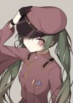  1girl :/ aiguillette black_gloves breast_pocket closed_mouth eyeshadow giryu gloves green_hair grey_background hatsune_miku jacket long_hair long_sleeves makeup military military_jacket military_uniform pale_skin pocket purple_eyes purple_headwear purple_jacket senbon-zakura_(vocaloid) simple_background solo twintails uniform upper_body very_long_hair vocaloid wristband 