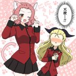  2girls ;d animal_ears assam_(girls_und_panzer) black_ribbon black_skirt blonde_hair blush brown_eyes cat_ears cat_tail commentary epaulettes fang girls_und_panzer hair_pulled_back hair_ribbon hands_on_own_chest heart highres ichinose_jun insignia jacket kemonomimi_mode long_hair long_sleeves looking_at_another looking_at_viewer medium_hair military military_uniform miniskirt multiple_girls no_eyes one_eye_closed open_mouth paw_pose paw_print pleated_skirt red_hair red_jacket ribbon rosehip_(girls_und_panzer) skirt smile st._gloriana&#039;s_military_uniform standing tail translated triangle_mouth uniform 